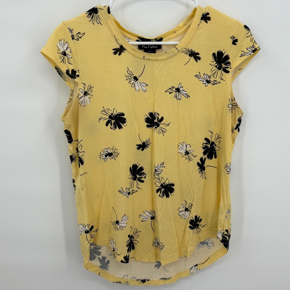 Nue Options Womens Yellow Floral Cap Sleeve‎ Crew Neck T-Shirt Blouse Size S